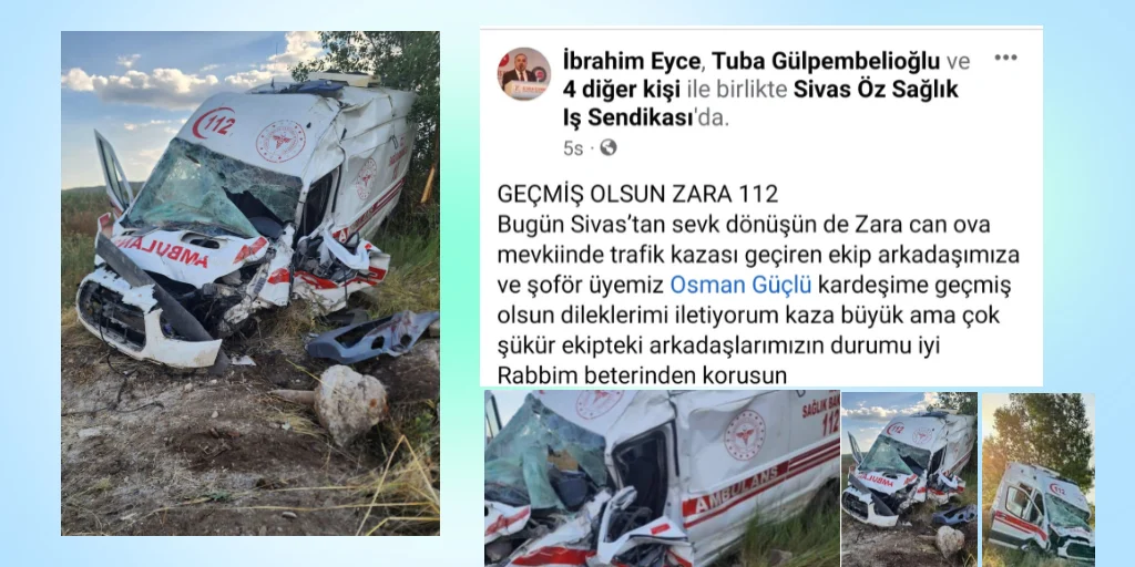 Sivas’tan Zara ilçesine giden Ambulans kaza yaptı