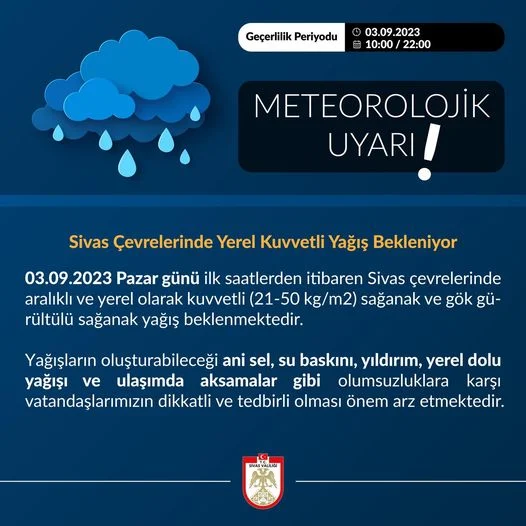 Sivas Valiliği uyardı… Pazar günü sağanak yağışa dikkat!…